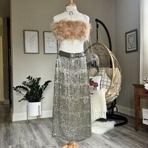 ASOS Design Beaded Fringe Midi Skirt Green w/ Sliver Beads & Sequins Size 4